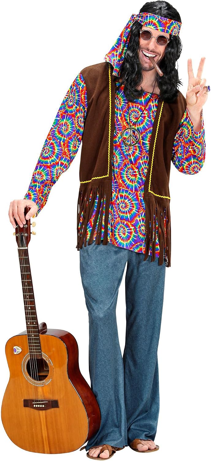 "PSYCHEDELIC HIPPIE MAN" (shirt with vest, pants, headband, necklace) - (M), M