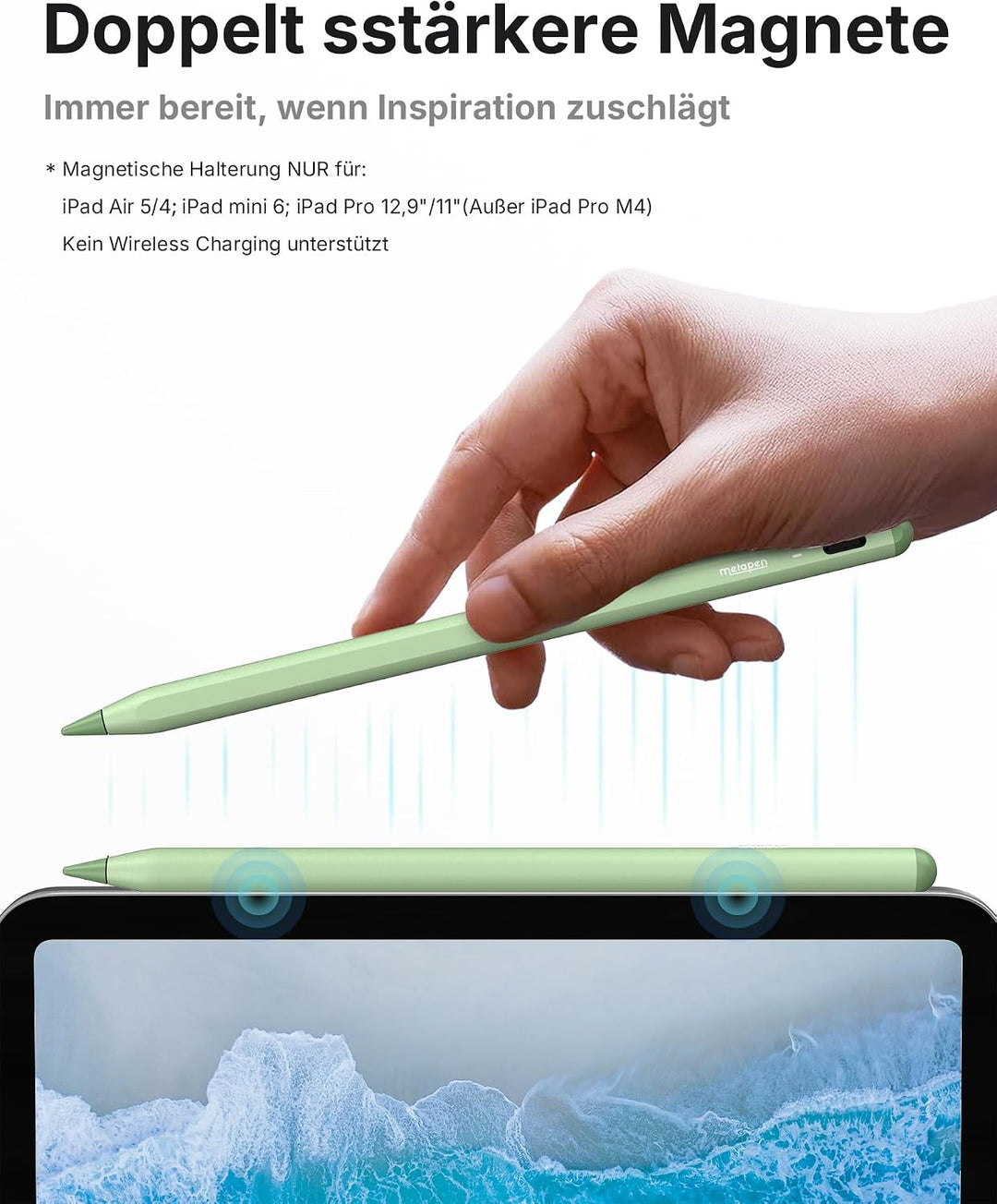 Metapen Stift A8 Kompatibel mit Apple iPad 2018-2023, Schnelle Aufladung, Neigungserkennung, Palm-Ab