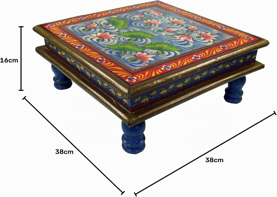 GURU SHOP Bemalter Kleiner Tisch, Minitisch, Blumenbank - Seerose Blau/rot, 16x38x38 cm, Kaffeetisch