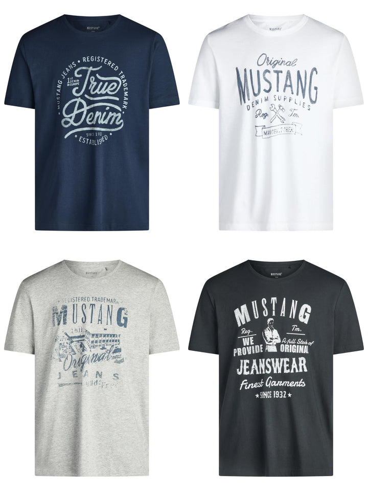 MUSTANG Herren T-Shirt 4er Pack Frontprint O-Neck Rundhalsausschnitt Kurzarm Regular Tee Shirt 100%