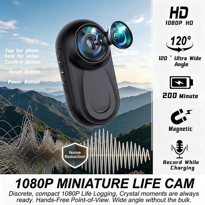 Mini Action Cam 1080P,Action Camera,Tragbare Kamera mit 360° Drehbarem Clip und Magnetclip,Mini K-Am