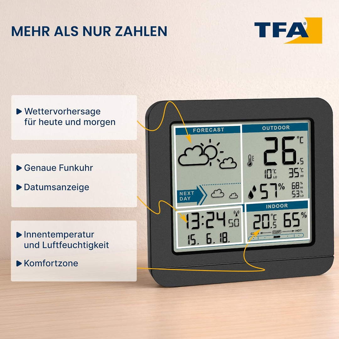 TFA Dostmann SKY Funk-Wetterstation, 35.1152.01,Wetterstation Funk mit Aussensensor, Wettervorhersag