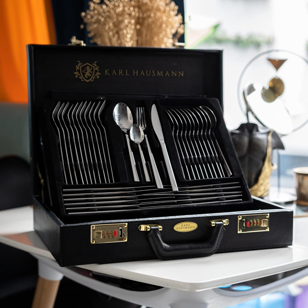 KARL HAUSMANN Besteck Set 12 Personen, 72 teilig Edelstahl Besteckset mit Koffer - Essbesteck mit Me