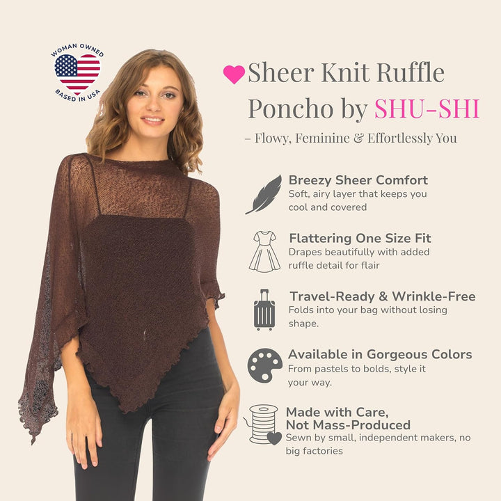 SHU-SHI - Damen Poncho-Top mit Rüschen - transparent - leichtes Strickmaterial Braun, Braun