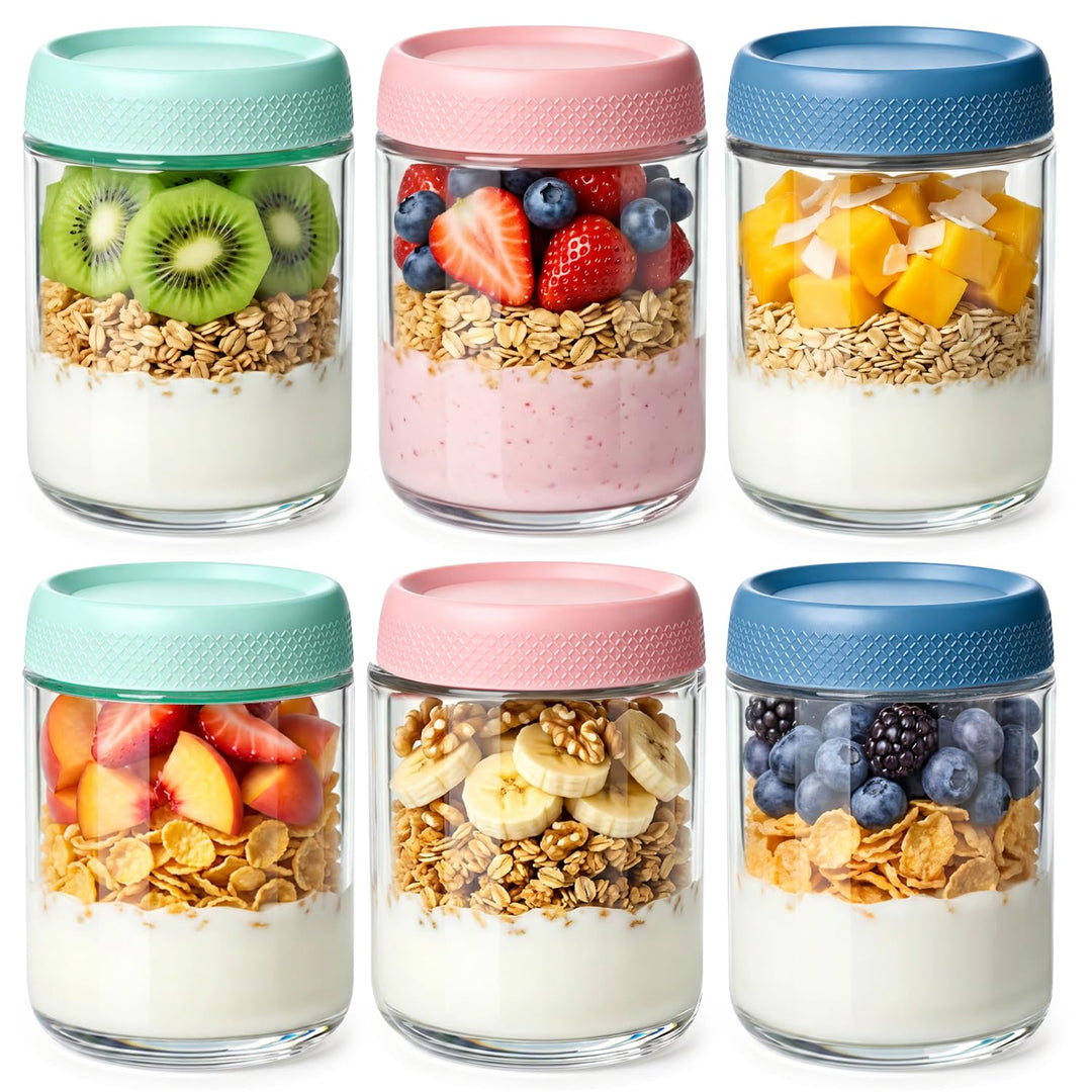 ComSaf Familien Meal Prep Gläser 6er Set 500ml, Grosse Glasdosen mit Deckel Bunt für Büro Frühstück,