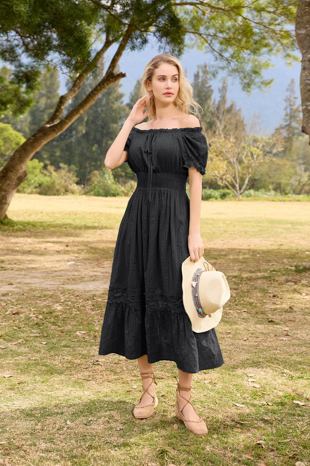 SCARLET DARKNESS Damen Renaissance Kleider Schulterfrei Puffärmel Gesmokte Taille Baumwollkleid S Sc