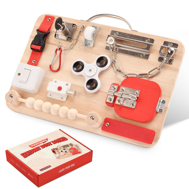 Potatomato Montessori Busy Board - Baby Spielzeug Sensorik Holzspielzeug für Kinder, Motorikspielzeu