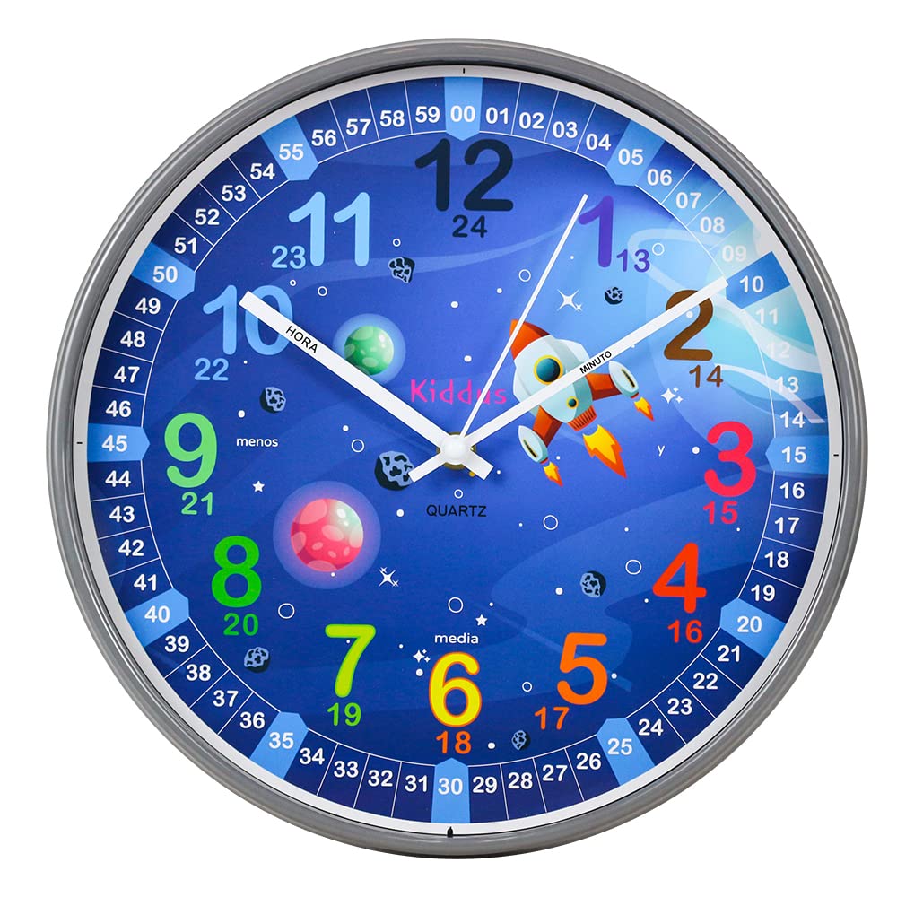 Kiddus Wanduhr für Kinder. Analoger Zeitlehrer mit Zeitlernübungen. Stilles Uhr. Viele Sprachen. Esp
