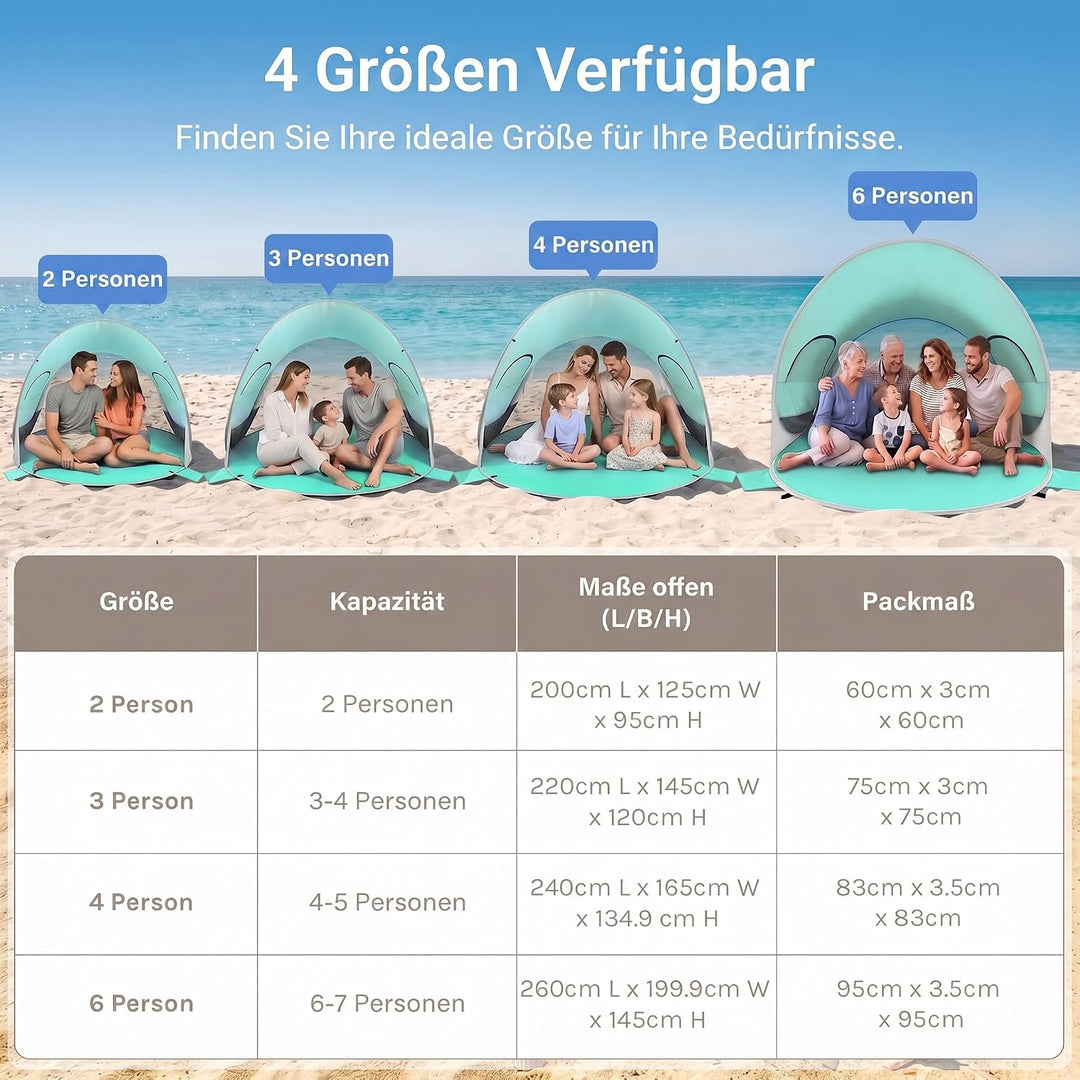Wolfwise Pop Up Strandmuschel für 2 Personen, Sofort Aufbau, UV-Schutz 50+, Wasserabweisend, Belüfte