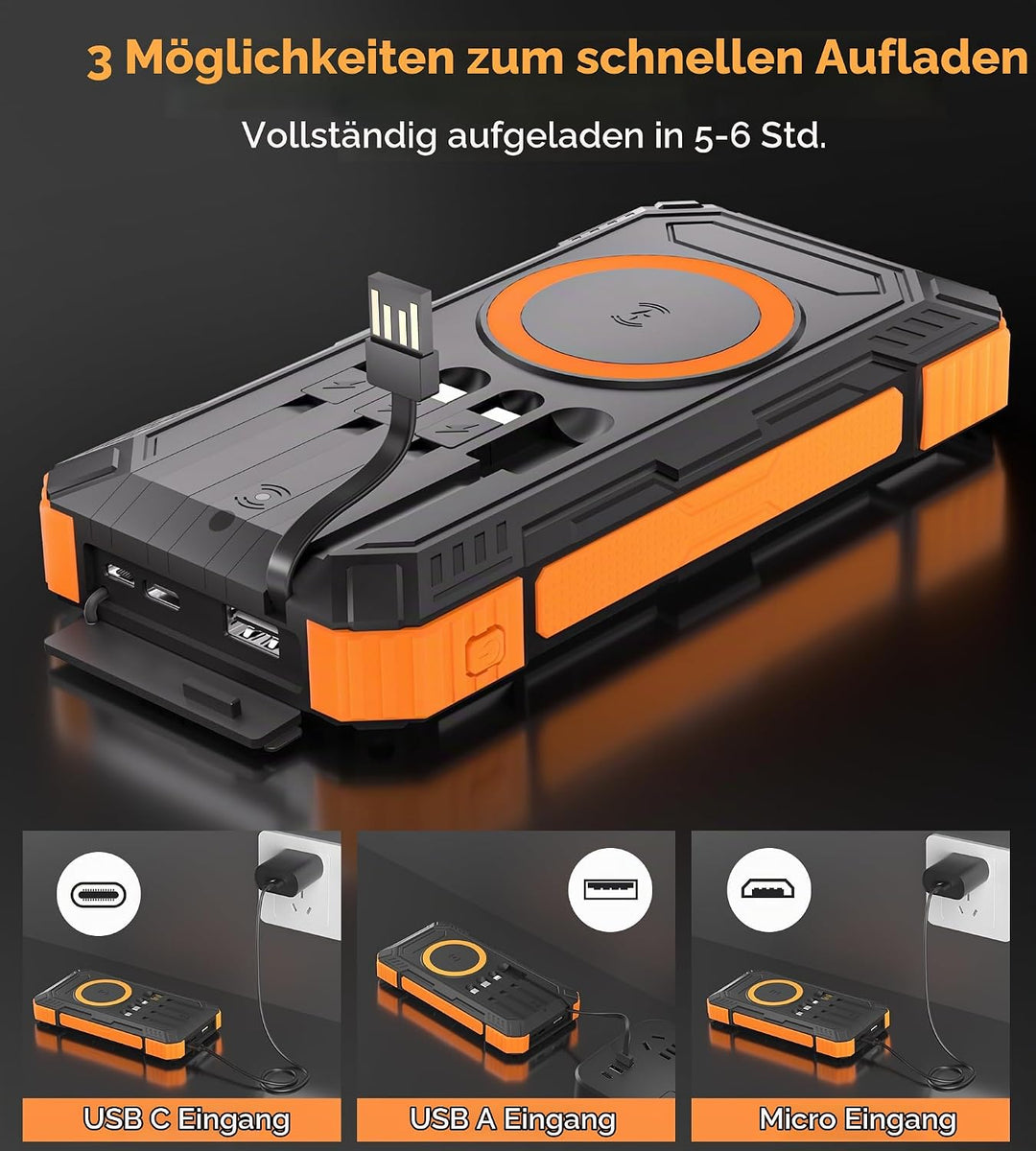 56800mAh Solar Powerbank, Wireless Power Bank gross mit 4 Kabeln, 30W PD Schnellladefunktion, 6 Ausg