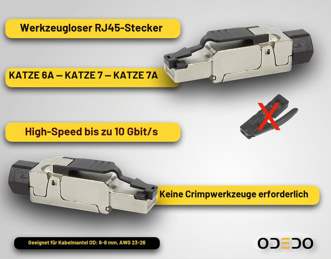 odedo 8X CAT 6A &amp; 7 RJ45 Crimp Stecker Netzwerkstecker feldkonfektionierbar bis 10 Gigabit für Verle