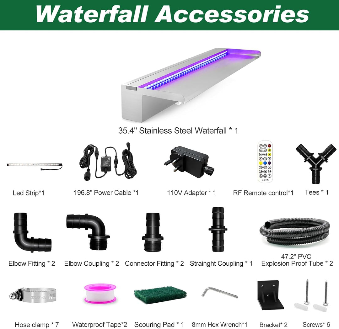 LONGRUN Edelstahl Wasserfall Überlauf, APP Kontrolle Multi-Farben LED-Licht Draussen Pool Brunnen, K