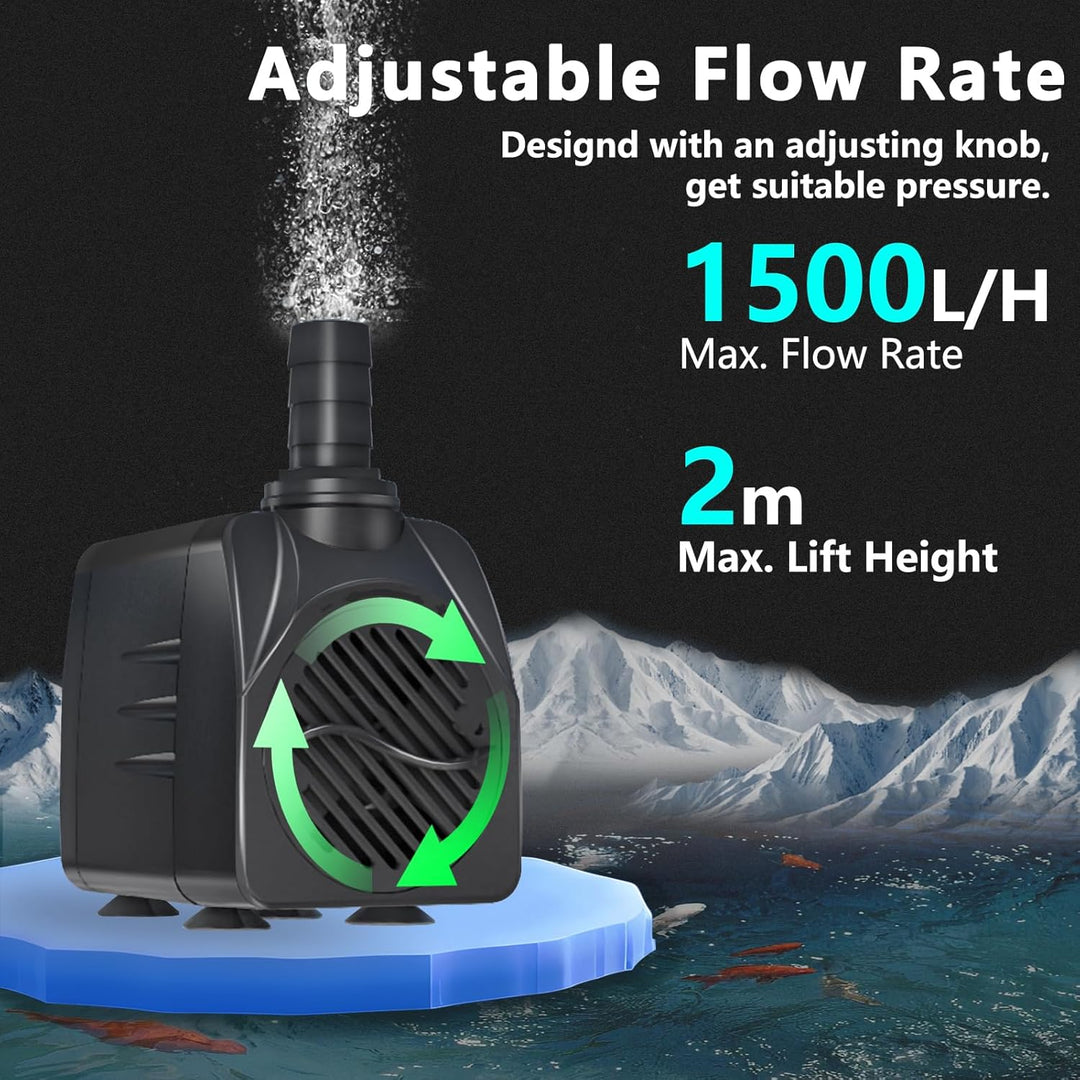 Knifel Springbrunnenpumpe 25W 1500L/H Teichpumpe Schutz vor überhitzung Funktion Ultra Leise Aquariu