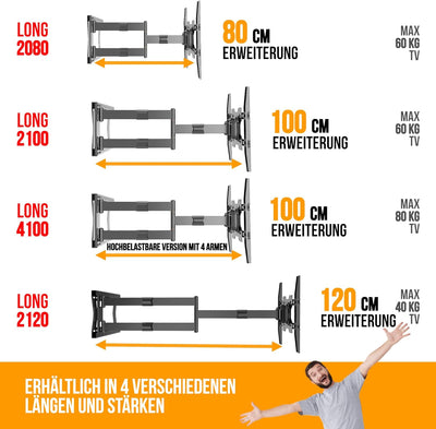 Nanook 2120 Langarm-TV-Wandhalterung für 42-75-Zoll-Fernseher, Extra langer Auszug bis zu 120 cm, St