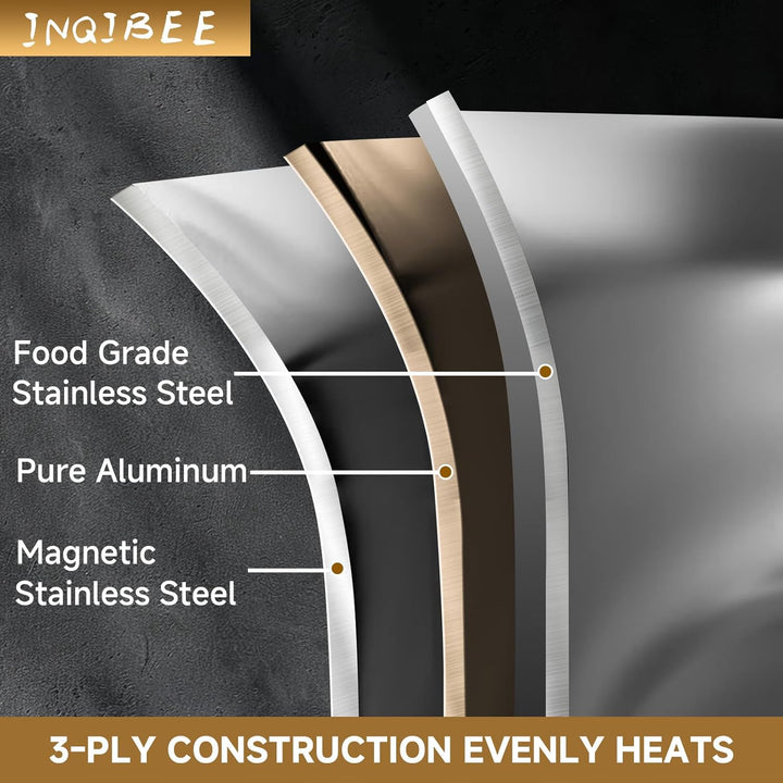 Inqibee Edelstahlpfanne Bratpfannenset Unbeschichtet 22 cm & 26 cm mit Deckel - Pfannenset Edelstahl