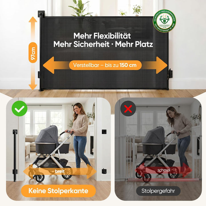 Sekey Treppenschutzgitter Ausziehbar 0-150 cm, Höhe 97 cm,Treppenschutzgitter ohne Bohren, Absperrgi
