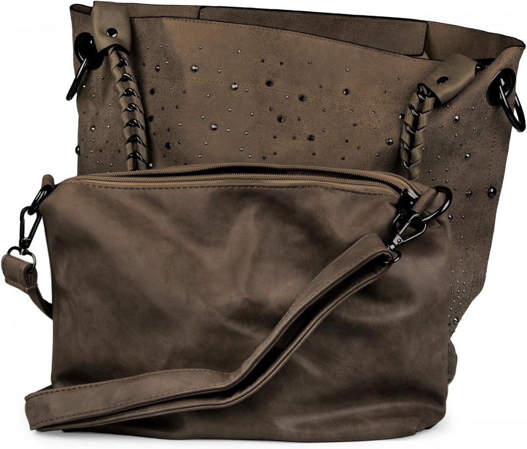 styleBREAKER Handtaschen Set mit Strass Applikation im Sternenhimmel Design, 2 Taschen 02012013 Taup