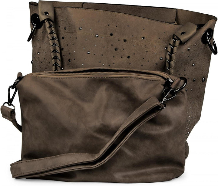 styleBREAKER Handtaschen Set mit Strass Applikation im Sternenhimmel Design, 2 Taschen 02012013 Taup