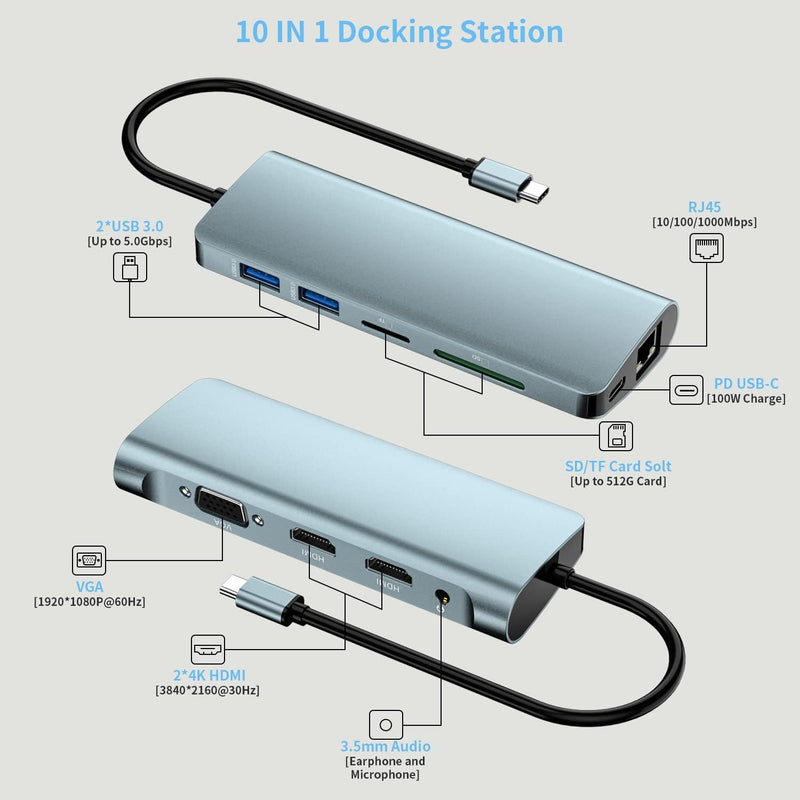 Dockingstation, 10-in-1-USB-C-Hub, USB Typ C bis 4K 30 Hz HDMI 1080P VGA, 87 W PD, 2 USB 3.0, SD/TF-