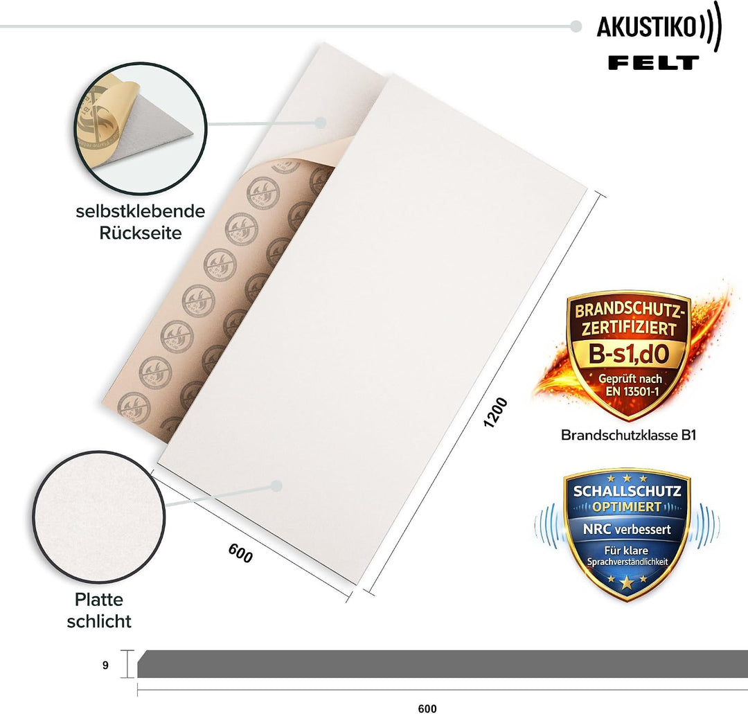 AKUSTIKO Akustikpaneele Selbstklebend 120x60cm - 4 Stück Warmweiss Akustik Wandpaneele Brandschutzkl