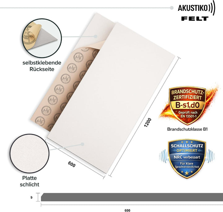 AKUSTIKO Akustikpaneele Selbstklebend 120x60cm - 4 Stück Warmweiss Akustik Wandpaneele Brandschutzkl