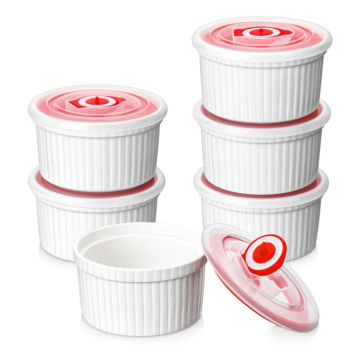 MALACASA Creme Brulee Schälchen mit Deckel 6er Set, 240 ml Porzellan Souffle Förmchen Backofenfest,