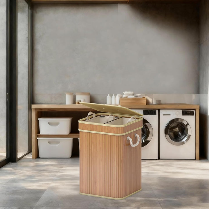 AdelDream Wäschekorb 100L Bambusoptik mit Deckel & Griffen, 2-Fach Wäschesammler Faltbar, Wäschebox