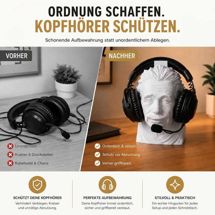 Einstein Kopfhörerhalter – Headset Ständer für Kopfhörer & Headsets – Büste Schreibtisch Deko & witz