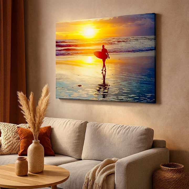Bilder auf Leinwand Surfer sonnenuntergang ozean brett Leinwandbild 70x50cm Wandbilder Dekoration Wo
