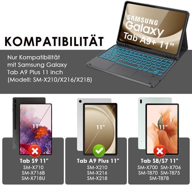LAMA Tastaturhülle mit Touchpad für Samsung Galaxy 11'' Tab A9 Plus 2023 / A11 Plus 2025, Kabellose