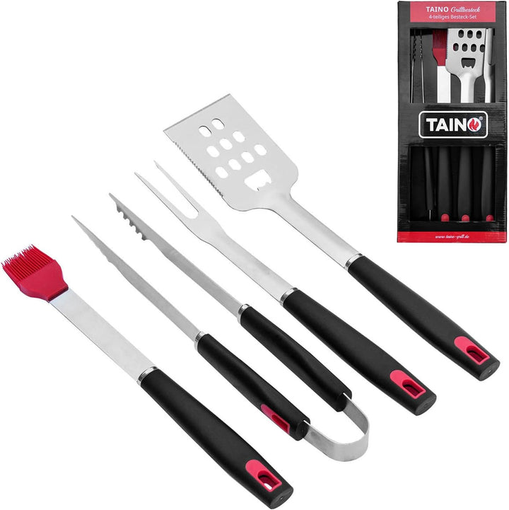 TAINO Grillbesteck-Set 4-teilig Edelstahl Grillzubehör schwarz rot BBQ-Zubehör Accessoire, 4-teilig