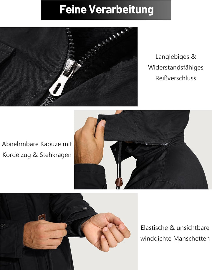 KEFITEVD Winterparka Herren Fleece Gefüttert Winterjacke mit Viele Taschen Kapuze Warm Winter Mantel
