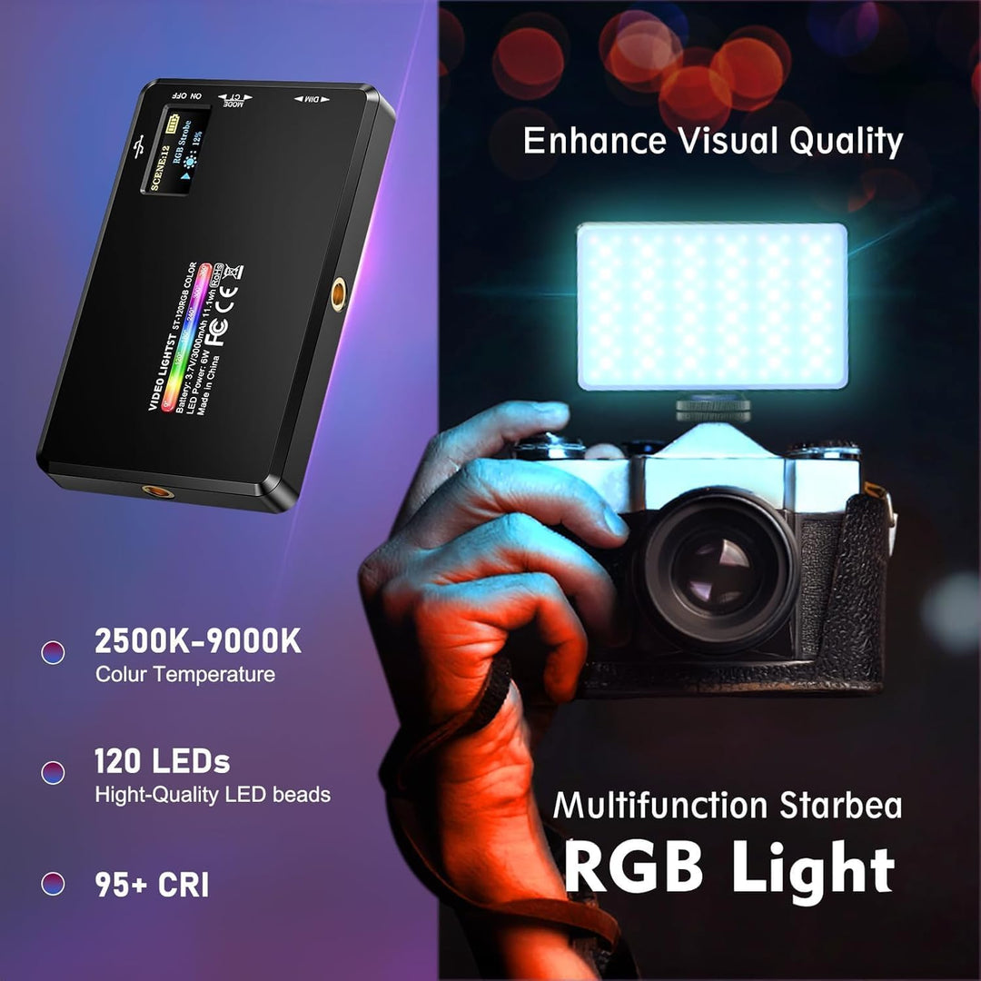 120 RGB LEDs Videoleuchte, Tragbares Selfie Licht mit HUE 0–359°, 20 Lichteffekten, CRI 95+, Profess