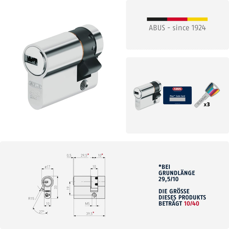 ABUS Profilzylinder XP20SN 10/40 inklusive Sicherungskarte & 3 Schlüsseln, 73711 10/40 mm, 10/40 mm