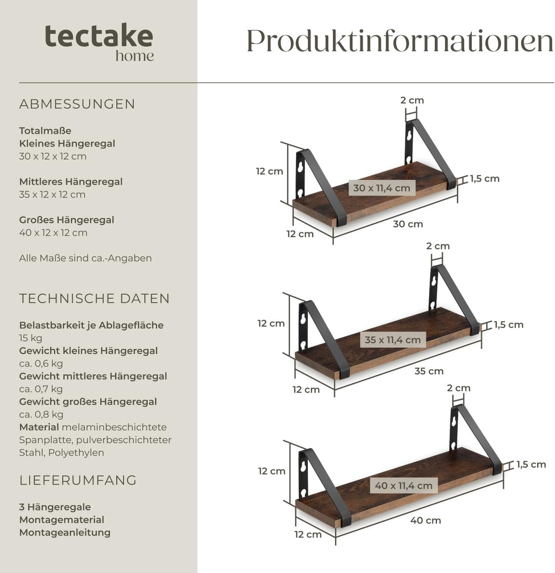 tectake® Industrial Wandregal Holz, 3X Regal Wand Set, Schweberegal, Regale 30/35/40 cm, Hängeregal,