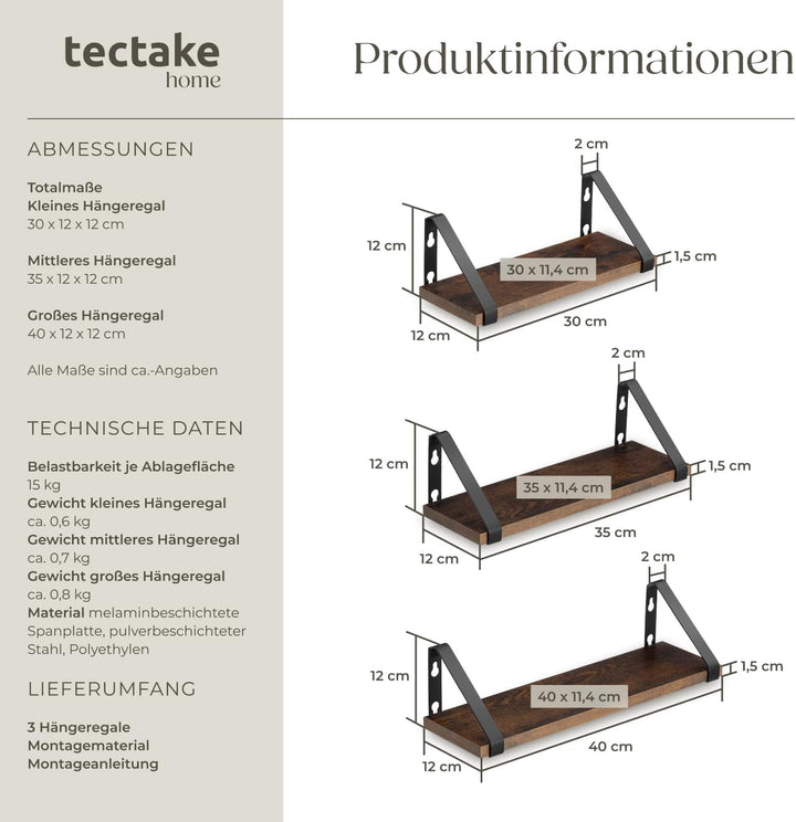 tectake® Industrial Wandregal Holz, 3X Regal Wand Set, Schweberegal, Regale 30/35/40 cm, Hängeregal,