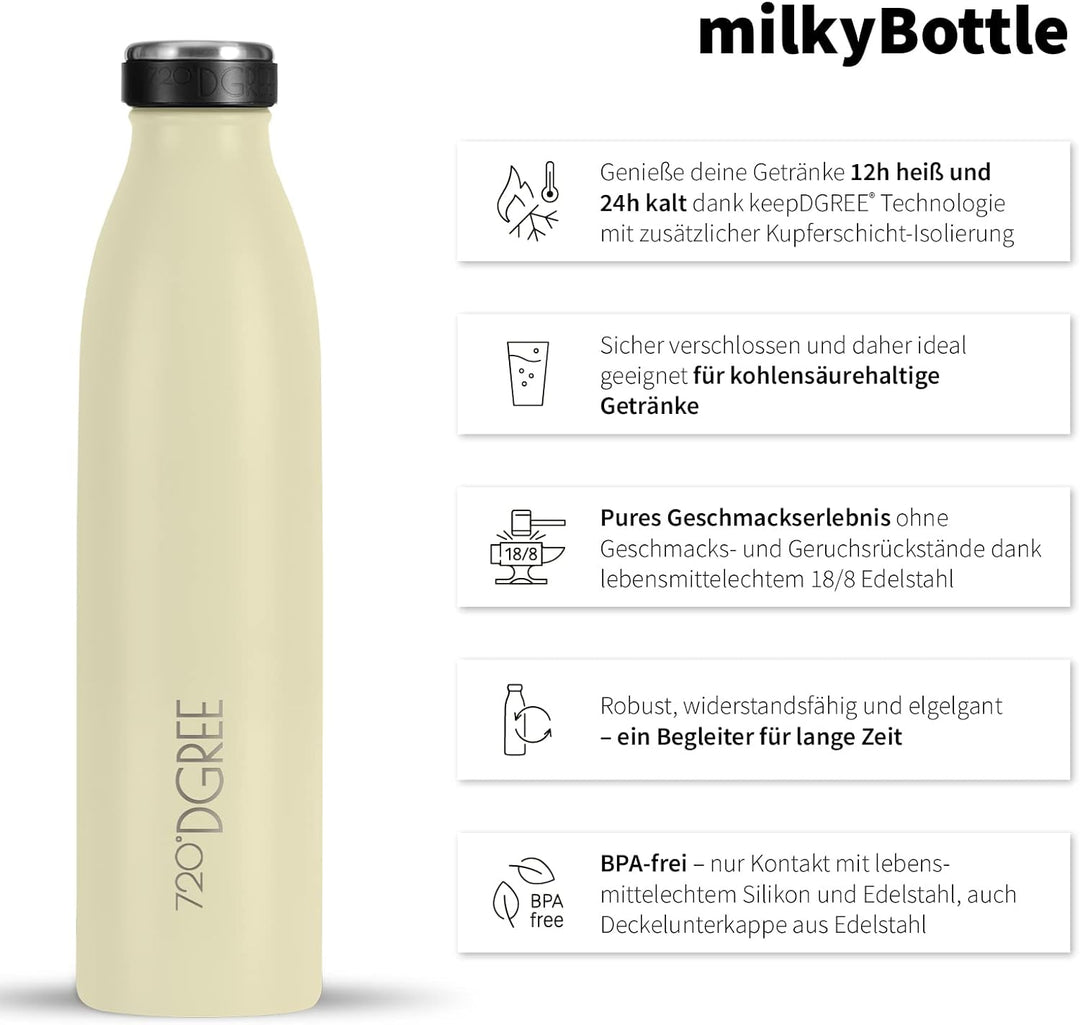 720°DGREE Edelstahl Trinkflasche “milkyBottle” - 750ml - BPA-Frei, Auslaufsicher, Kohlensäure geeign