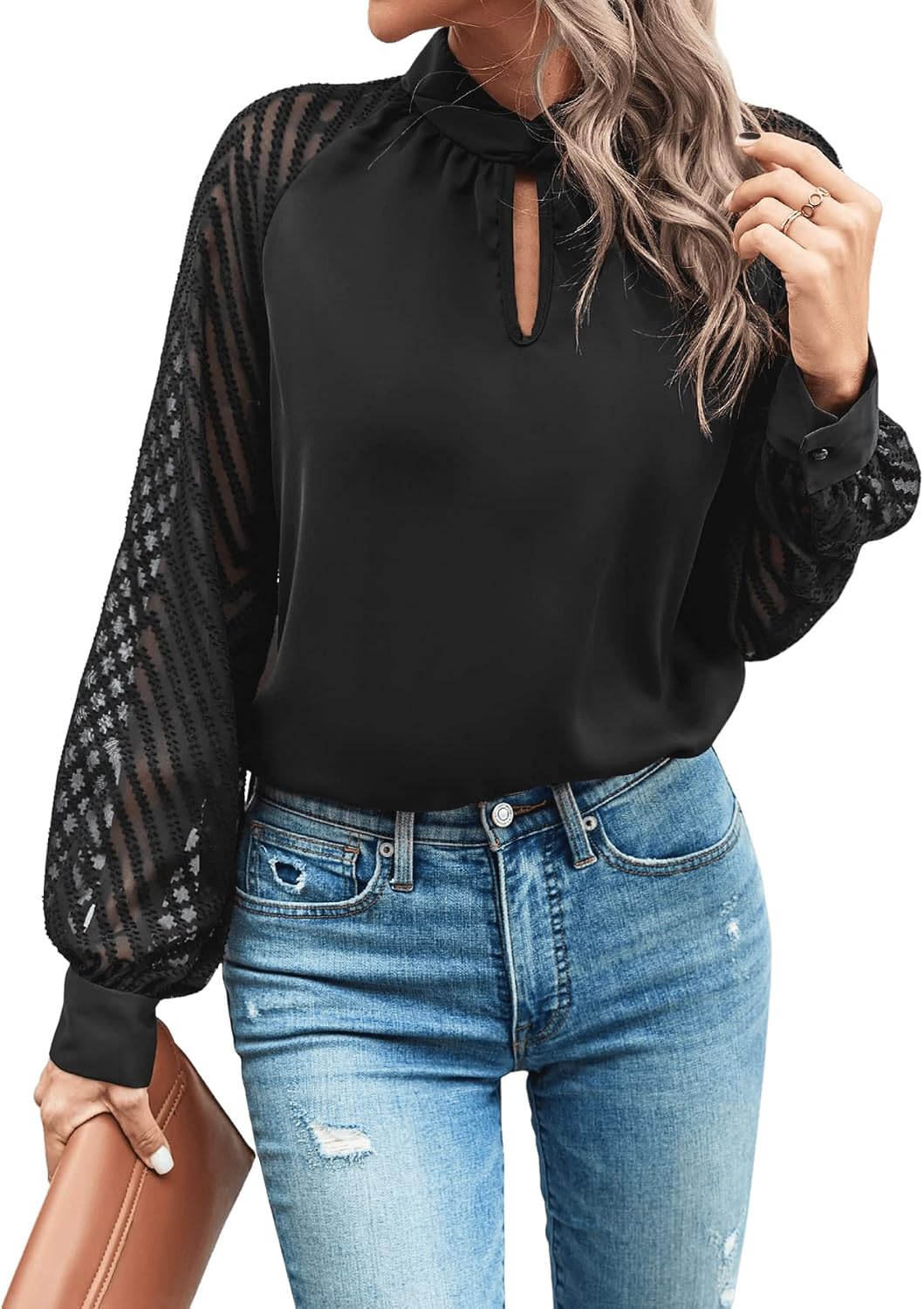 GORGLITTER Damen Blusen Elegant Mesh Raglanärmel Oberteil Hemdbluse Langarmshirt mit Chevron Mesh XL