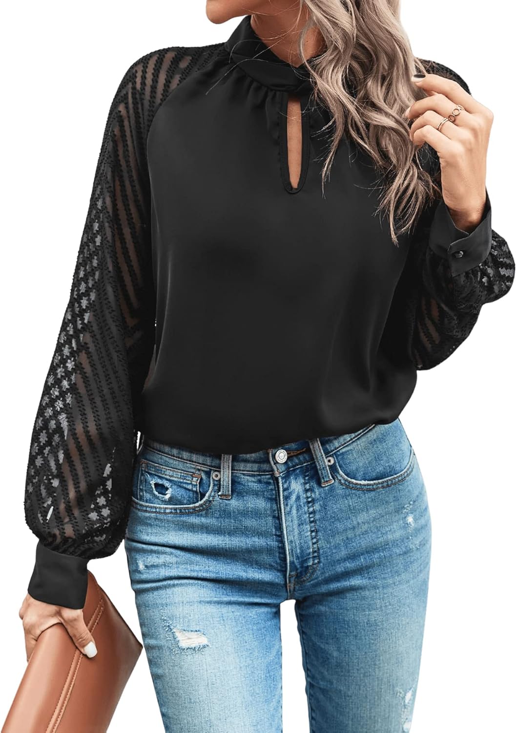 GORGLITTER Damen Blusen Elegant Mesh Raglanärmel Oberteil Hemdbluse Langarmshirt mit Chevron Mesh XL