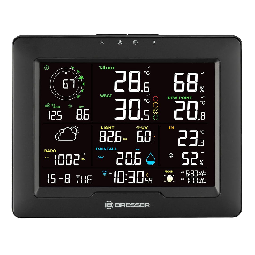 Bresser WLAN Wetterstation 8-in-1 mit Aussensensor, WBGT-Hitzestress-Index, UV, Regen, Wind, Licht,