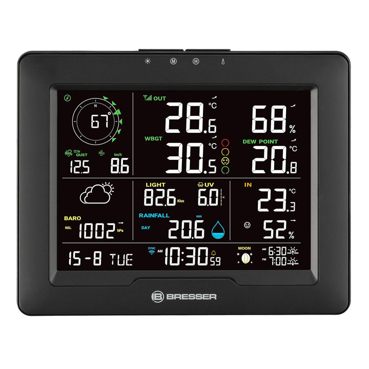 Bresser WLAN Wetterstation 8-in-1 mit Aussensensor, WBGT-Hitzestress-Index, UV, Regen, Wind, Licht,