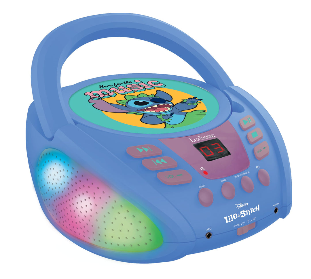 Lexibook - Disney Stitch - Bluetooth-CD-Player für Kinder - Tragbar, mehrfarbige Lichteffekte, Mikro