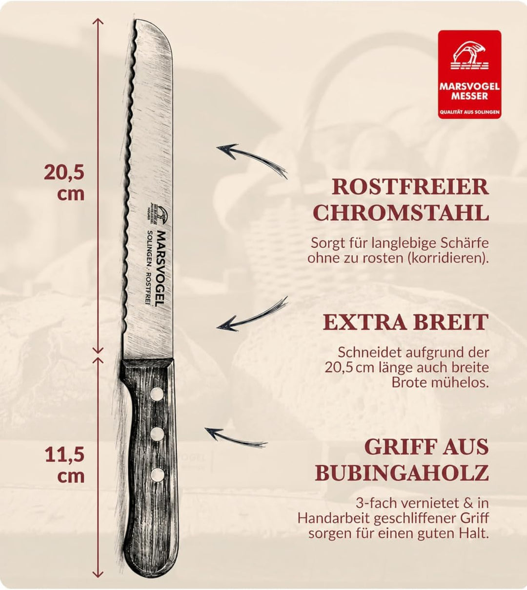 Marsvogel Brotmesser 2,0 mm Rückenstärke mit Welle Made in Solingen Bubinga Bubinga Braun