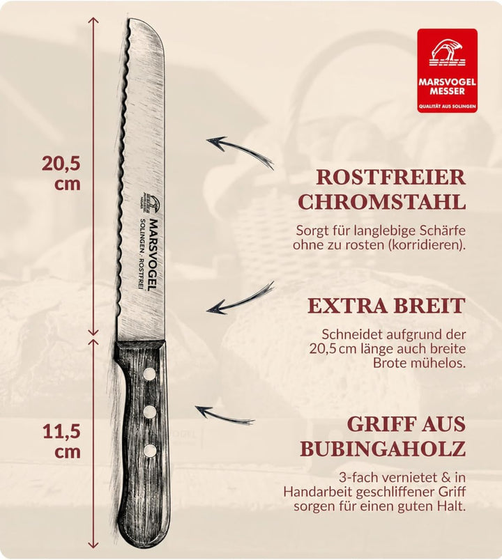 Marsvogel Brotmesser 2,0 mm Rückenstärke mit Welle Made in Solingen Bubinga Bubinga Braun