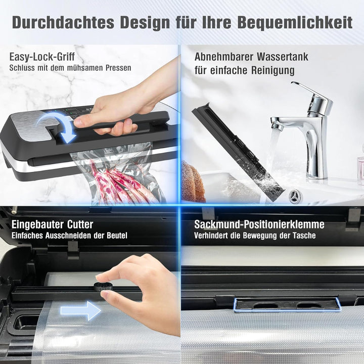OidoZac 85kPa Vakumierergerät für Lebensmittel, 12-in-1 Folienschweissgerät mit Easy-Lock Griff, Vak