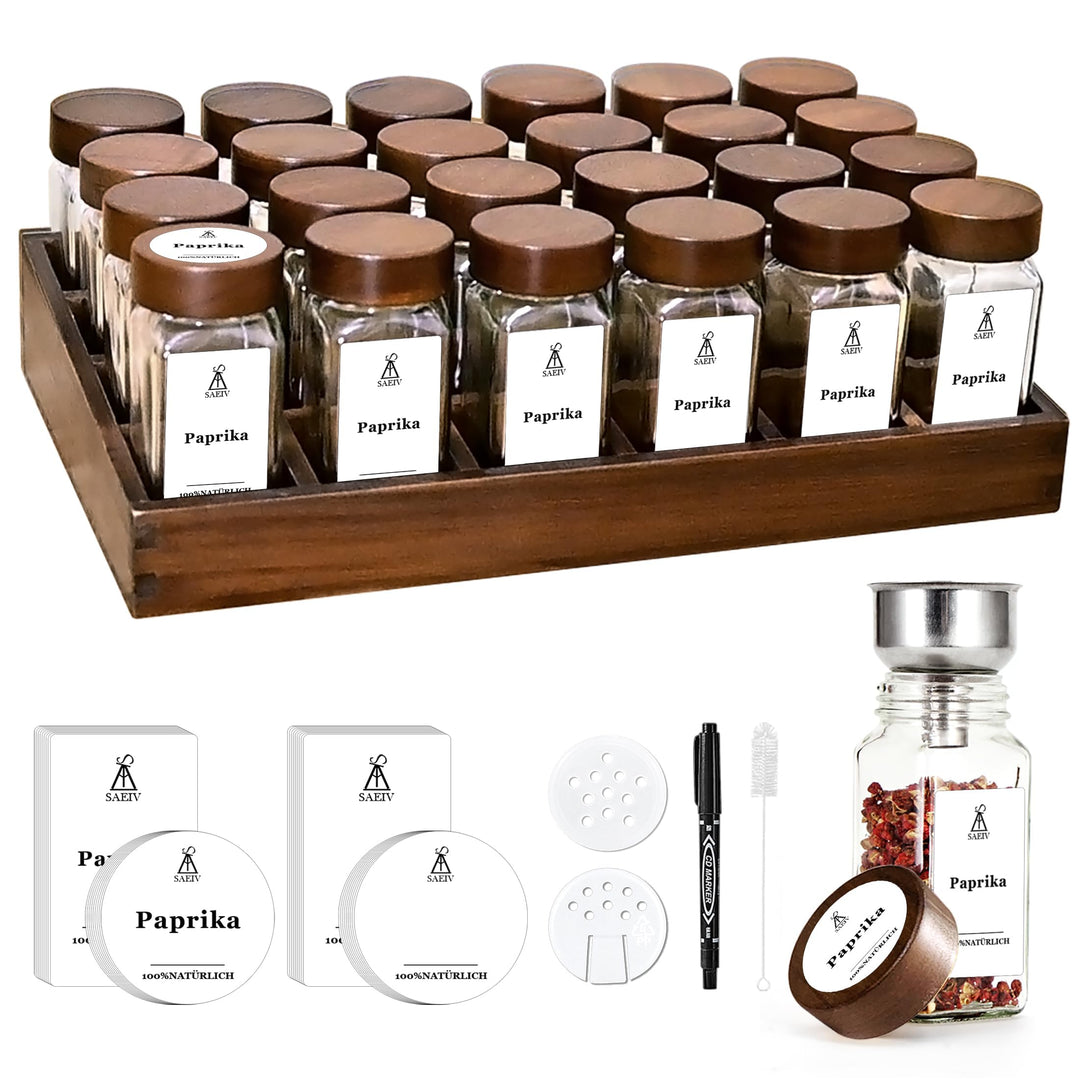 SAEIV Umweltfreundliches Akazien-Gewürzregal Holz mit 24 Fächern | 24 120ml-Gewürzgläser Drawer Orga