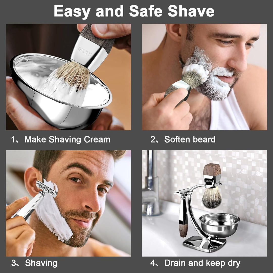 GRUTTI Vintage Deluxe Rasierset：Nassrasier-Set mit Magnet-Schale, Edelstahl Bürstenständer& Anti-Rut