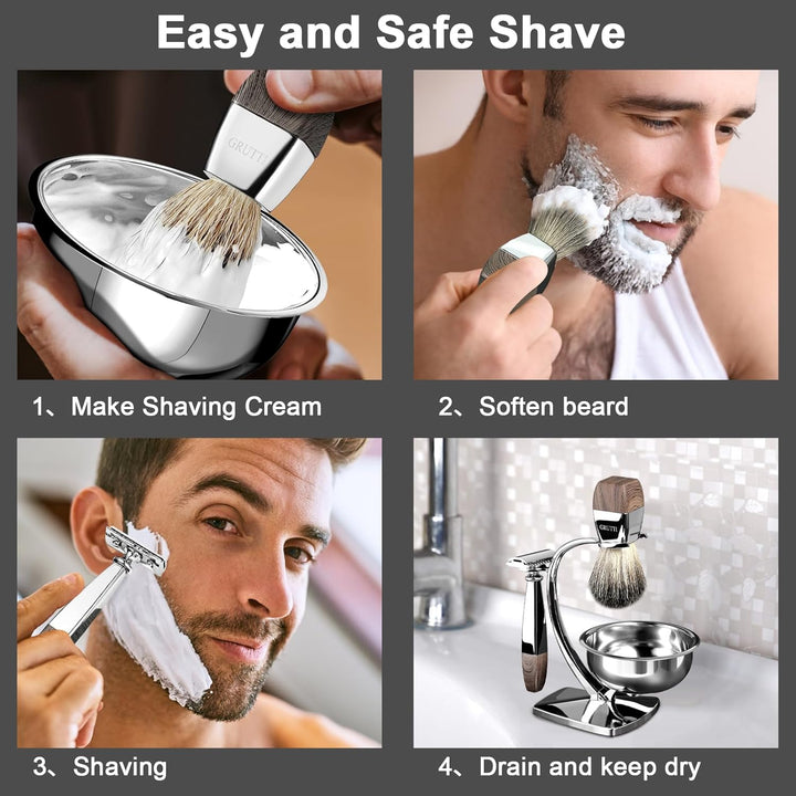GRUTTI Vintage Deluxe Rasierset：Nassrasier-Set mit Magnet-Schale, Edelstahl Bürstenständer& Anti-Rut