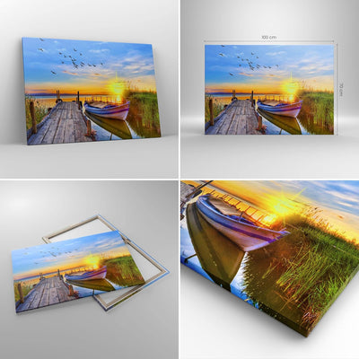 Bilder auf Leinwand 100x70cm Leinwandbild mit Rahmen See Boot Wasser Gross Wanddeko Bild Schlafzimme