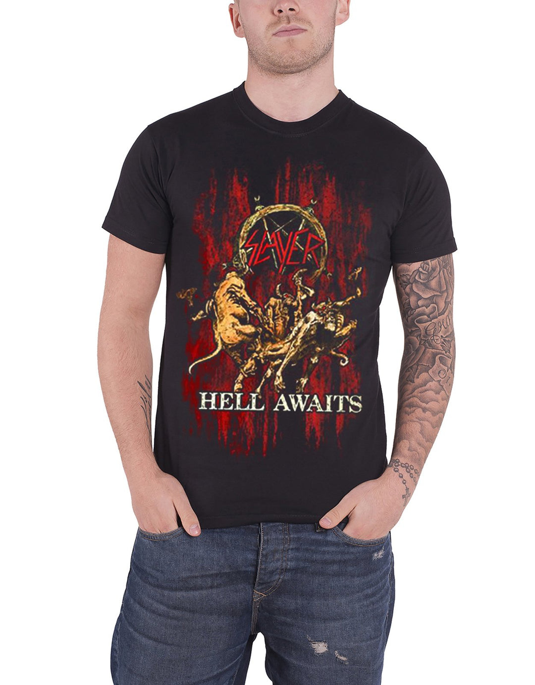 Slayer T Shirt Hell Awaits Pentagram Band Logo offiziell Herren Nue Schwarz L